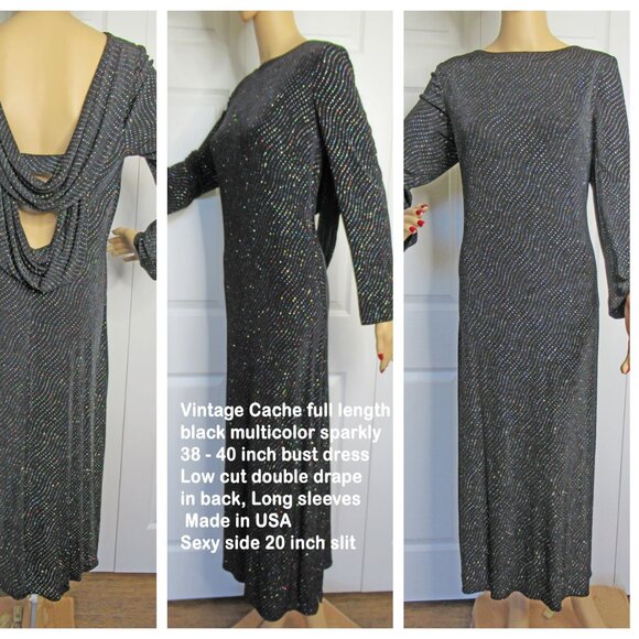 VTG Cache long black sparkly 38 - 40" bust dress, Low cut double drape back WOW! - Picture 6 of 15